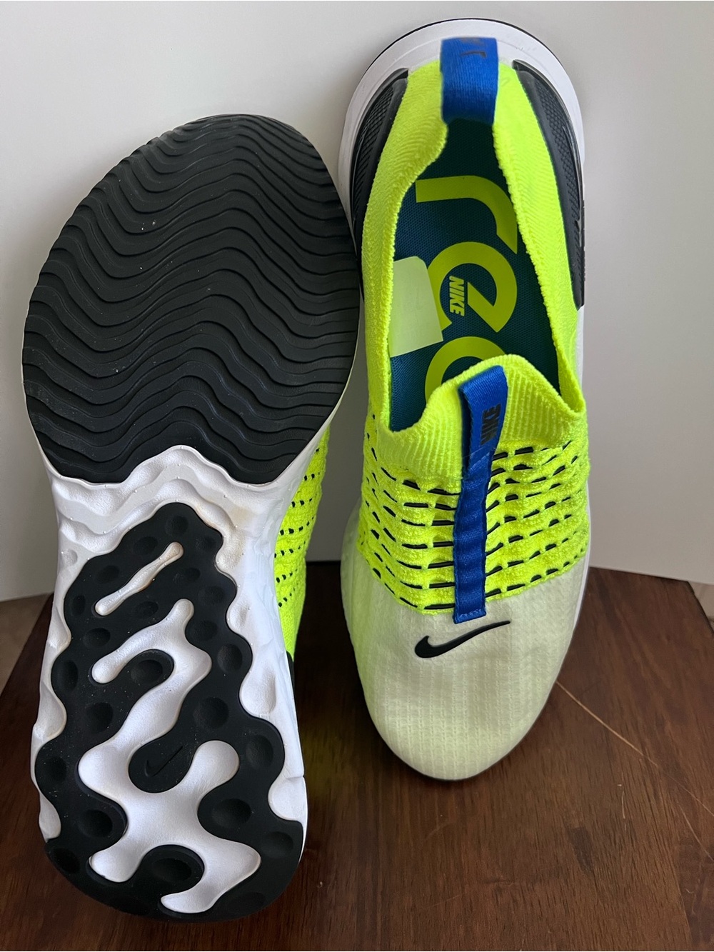 Nike Neon Yellow and Blue Slip-On Athletic Sneakers with Black Accents